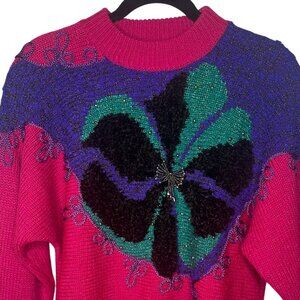 Vintage Jaclyn Smith Beaded Sweater M Fuchsia Black Green Purple Acrylic Nylon